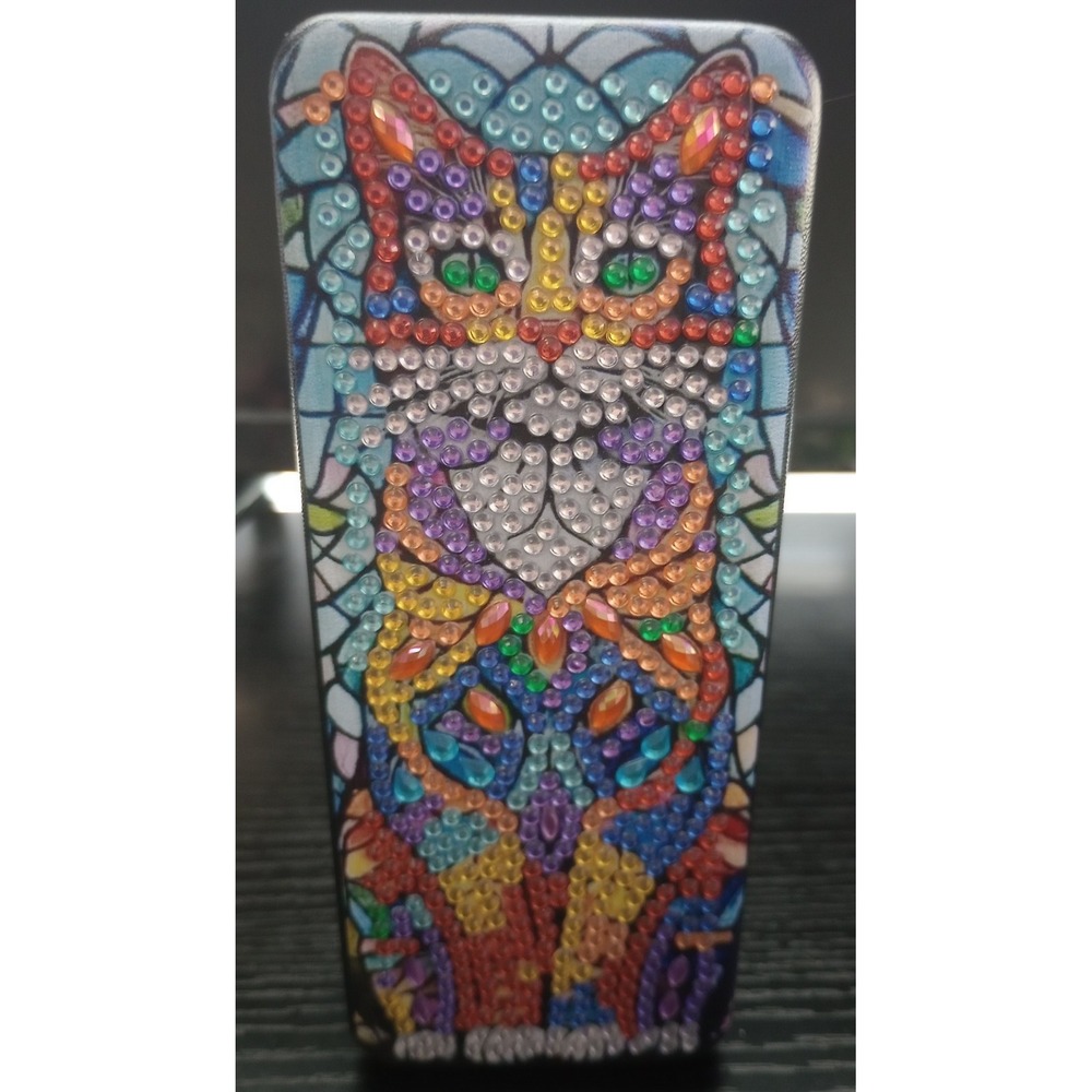 Completed Diamond Art Eyeglass Case - Stained Glass Cat